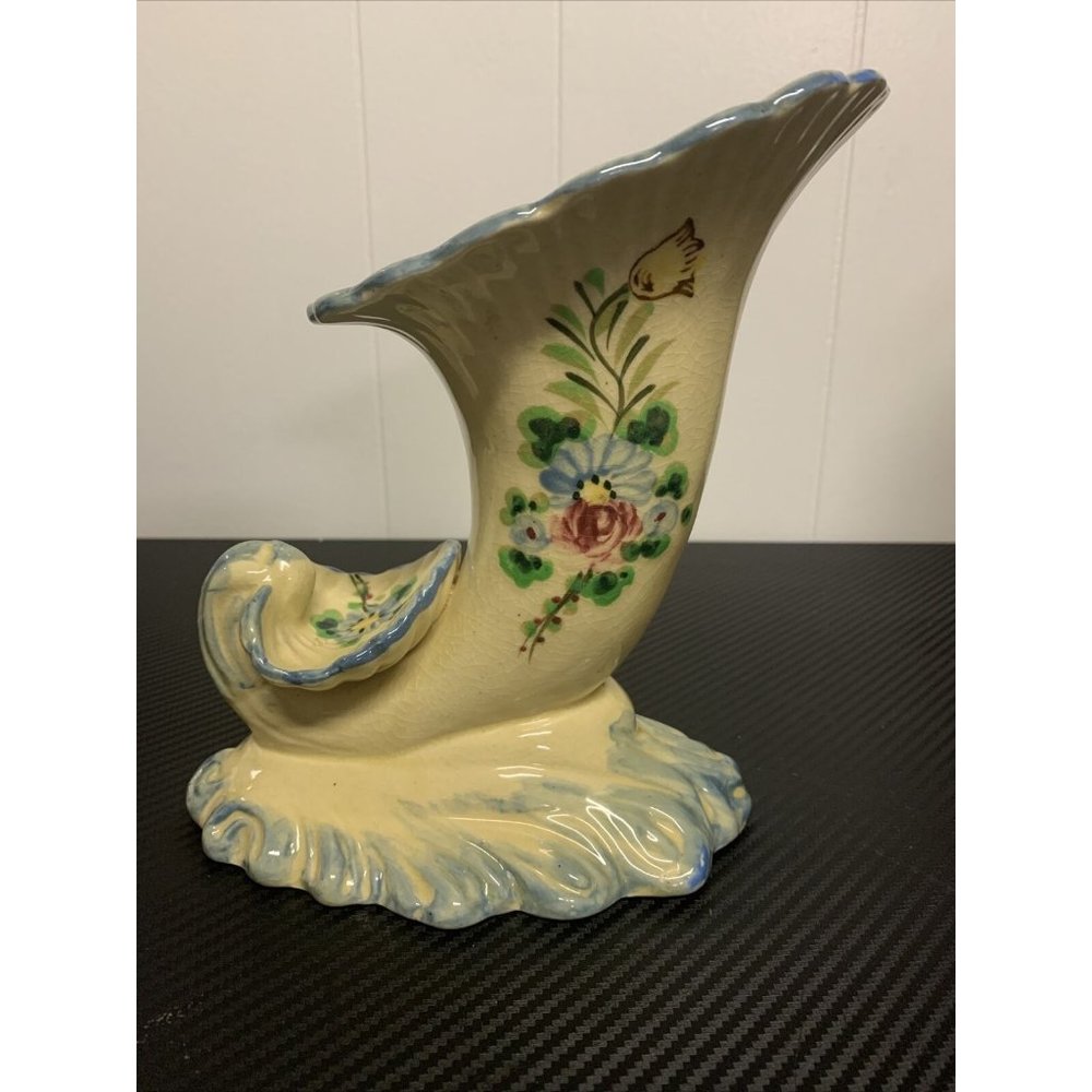 Vintage Porcelain Horn Of Plenty Vase Floral Design Made In Japan 8"H
